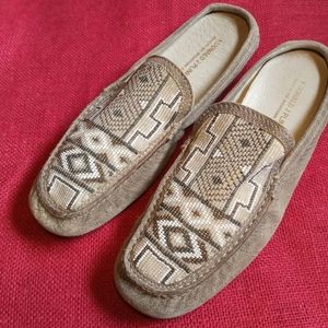 Donald J Pliner Women's 9 M Tan Metallic Mocs Beaded Aztek Indian EUC